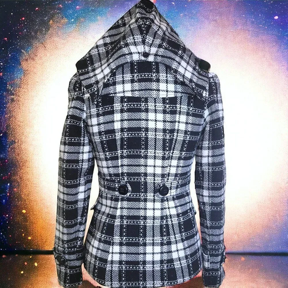 Double-breasted black white plaid jacket with removeable hood - Picture 4 of 8